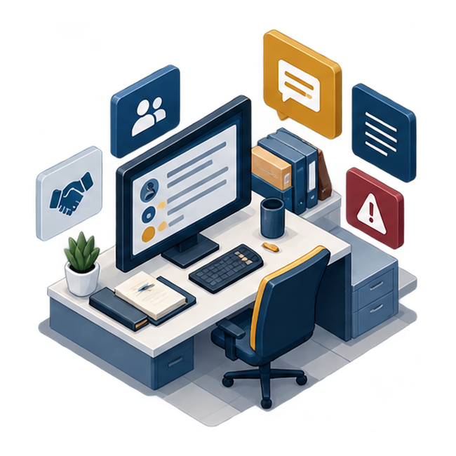 Isometric broker workstation with operational notes and a discussion panel