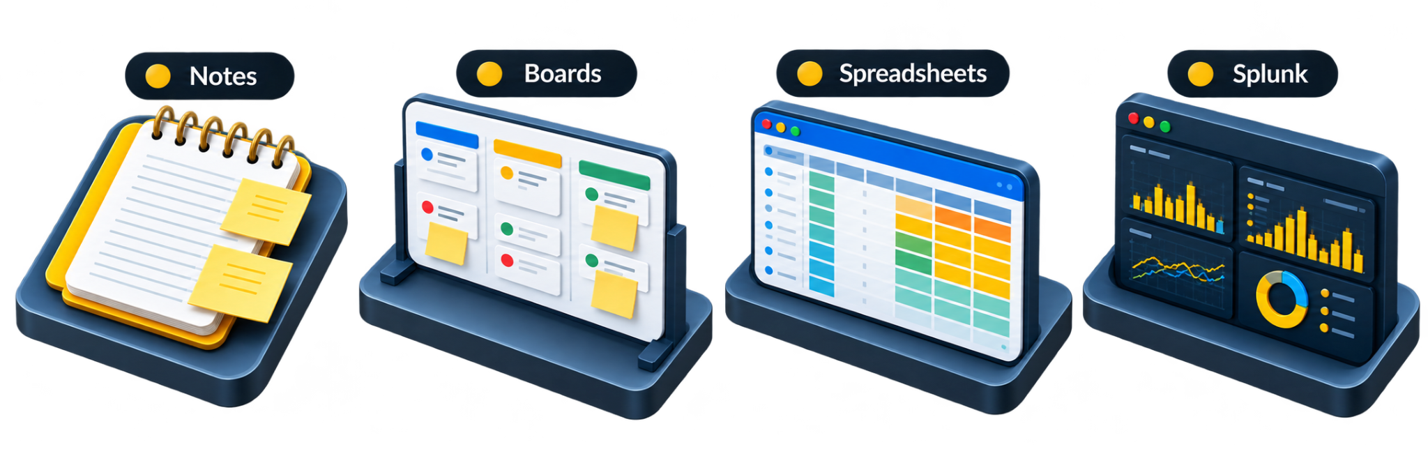 Four site-created ways of tracking material flow: notes, boards, spreadsheets, and Splunk dashboards.