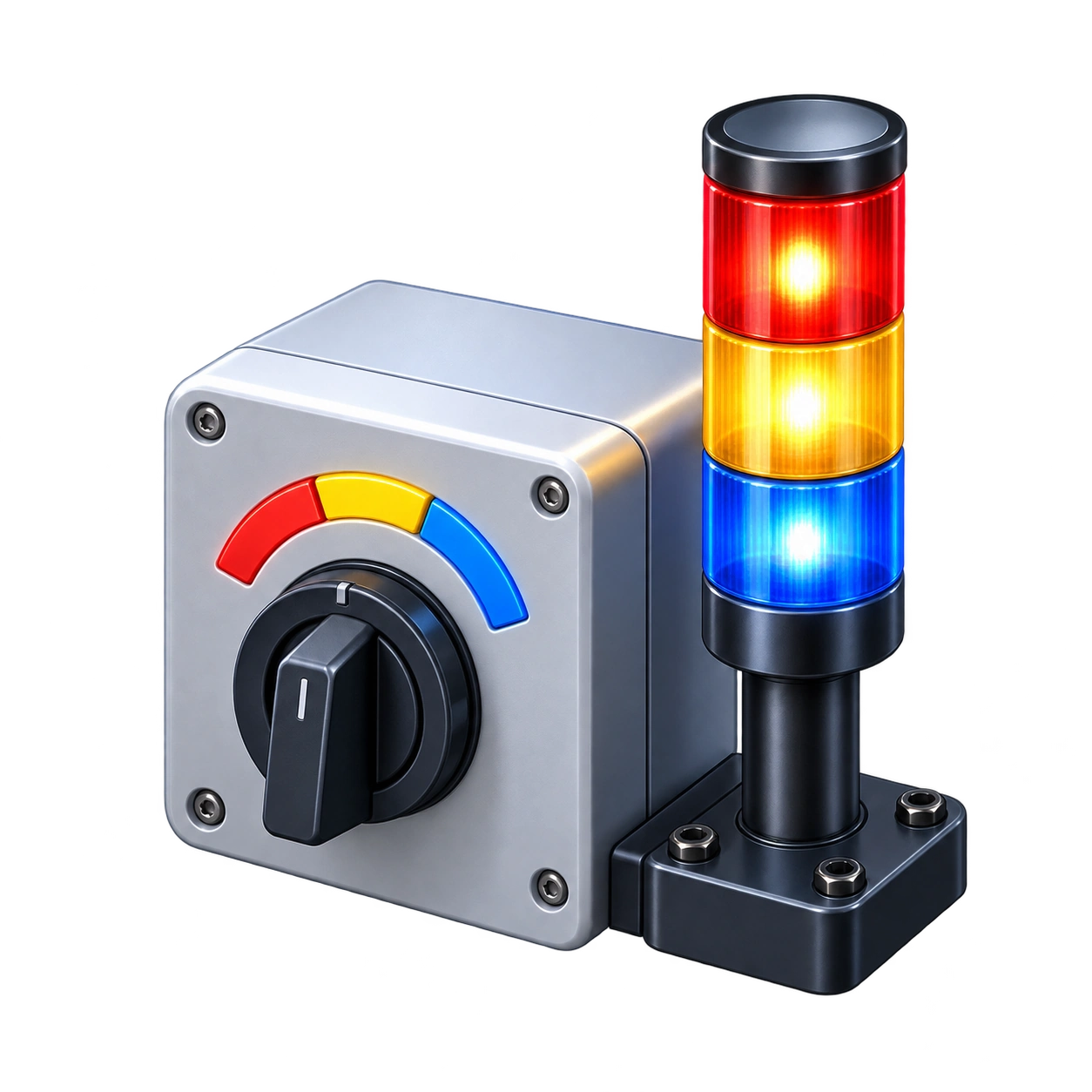 Industrial selector box beside a red, yellow, and blue stacklight
