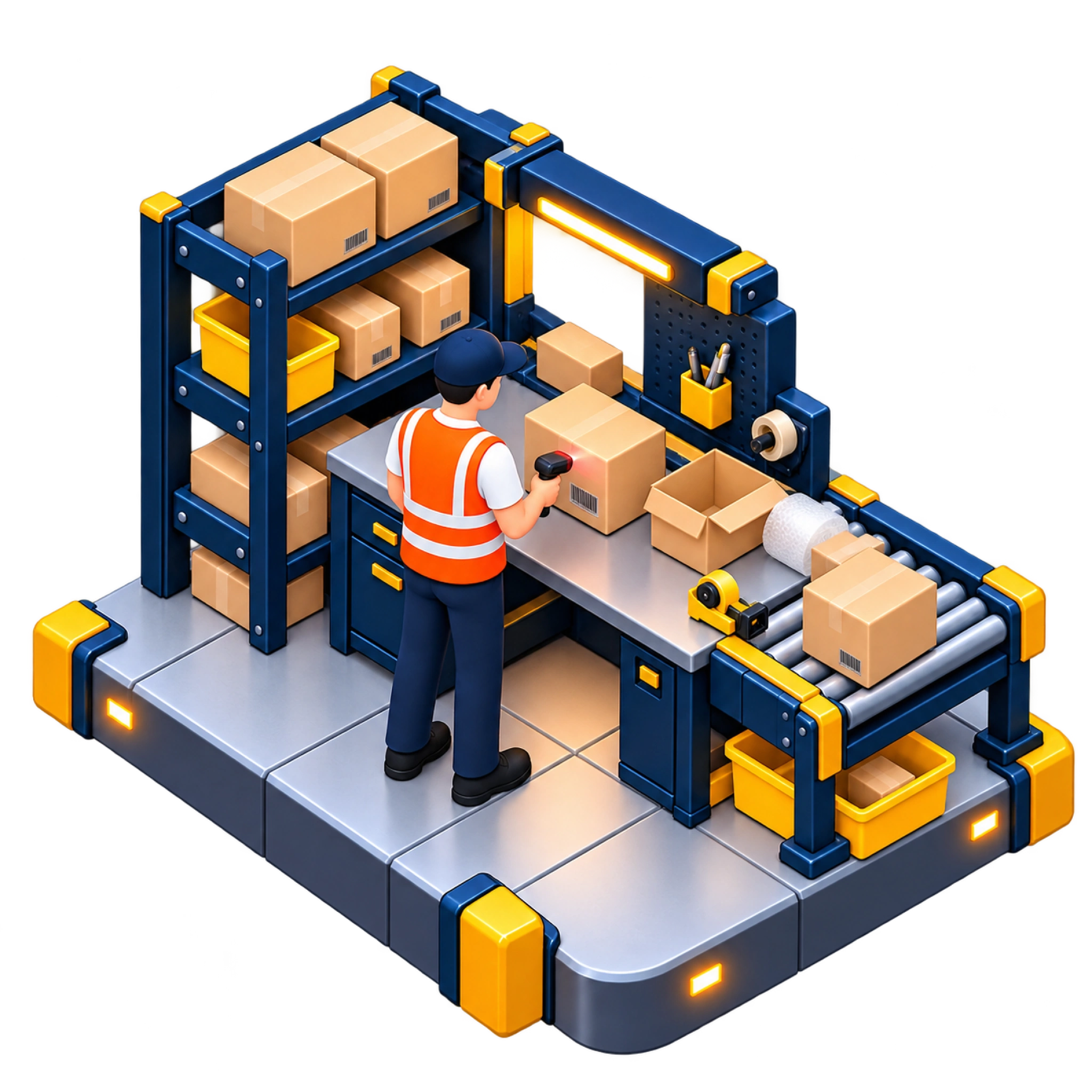 Warehouse worker scanning cartons at a workstation