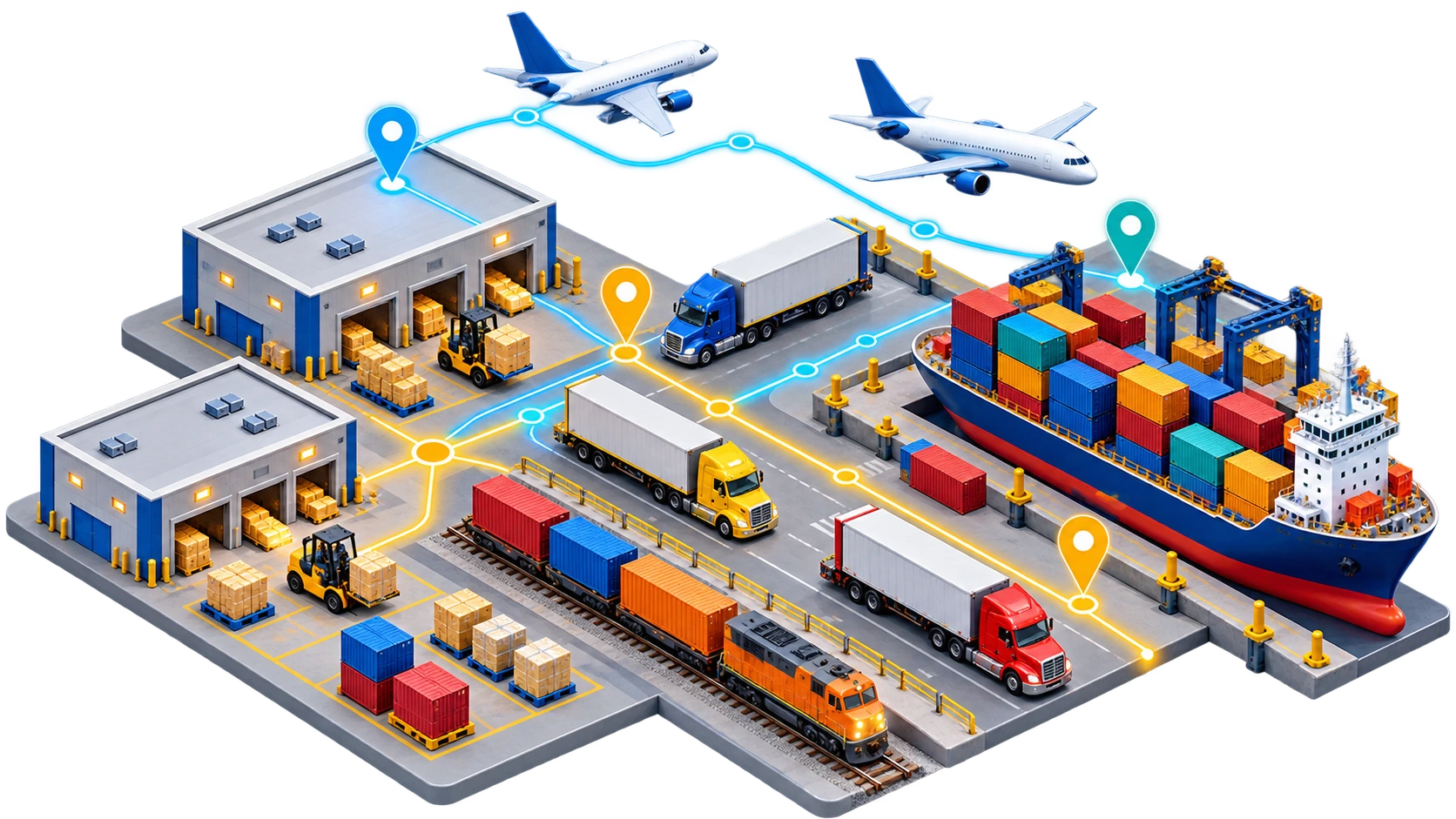 Isometric logistics network connecting facilities, trucks, aircraft and a cargo ship through routes and shared operational information.