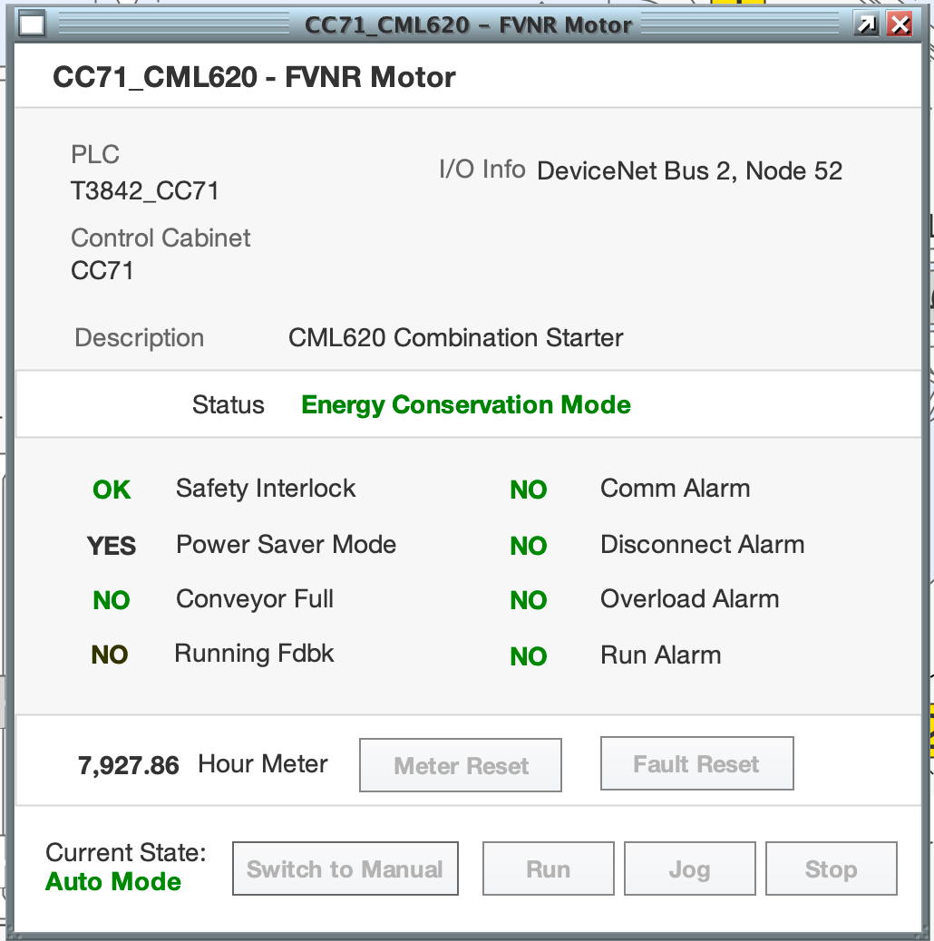 Original equipment status window: multiple OK, YES and NO indicators with inconsistent meanings, including a green NO indicating no alarm.