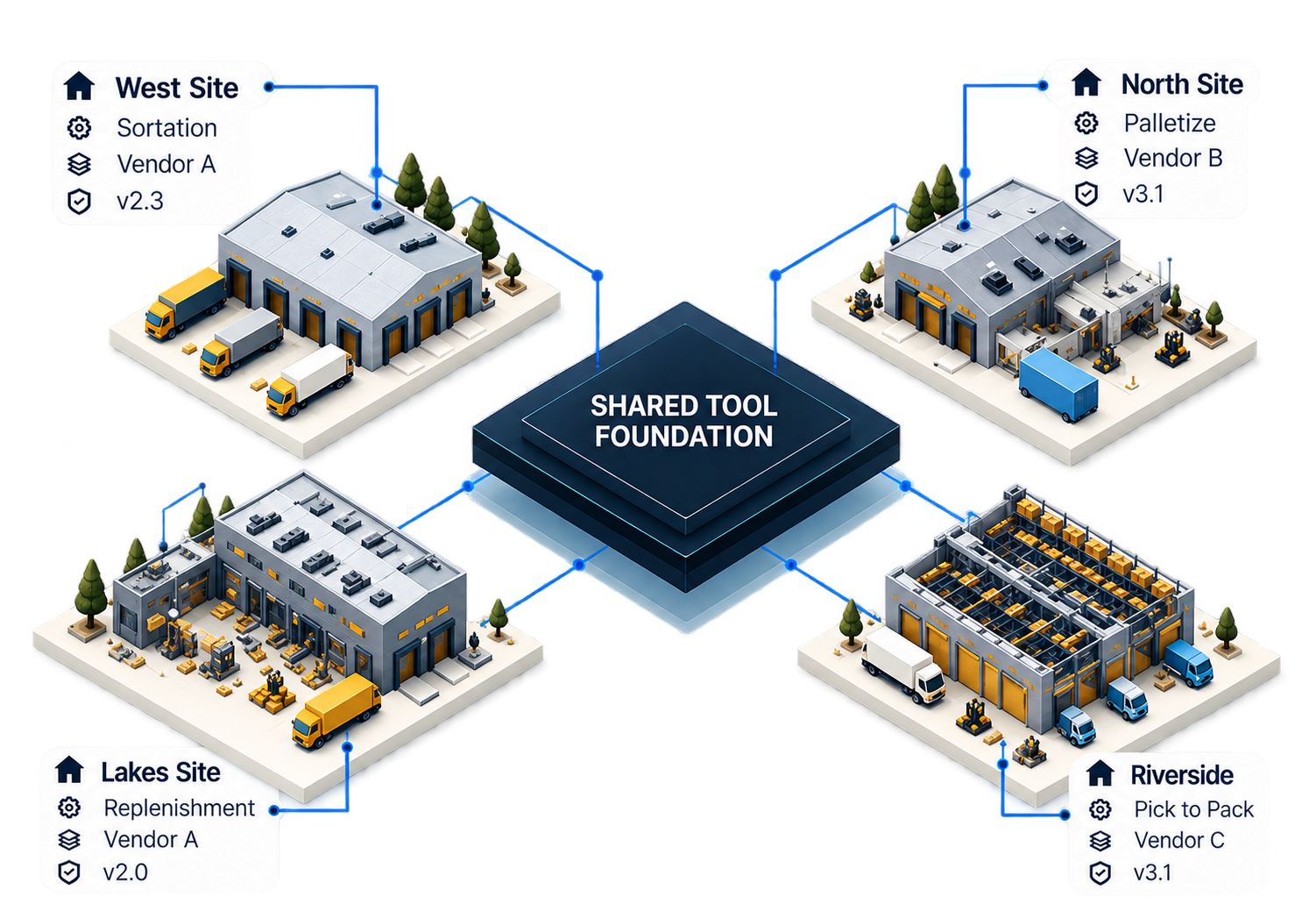 Four warehouse environments share one tool foundation: West Site (Sortation, Vendor A, v2.3); North Site (Palletize, Vendor B, v3.1); Lakes Site (Replenishment, Vendor A, v2.0); and Riverside (Pick to Pack, Vendor C, v3.1). Blue lines connect each facility to the same shared tool foundation.