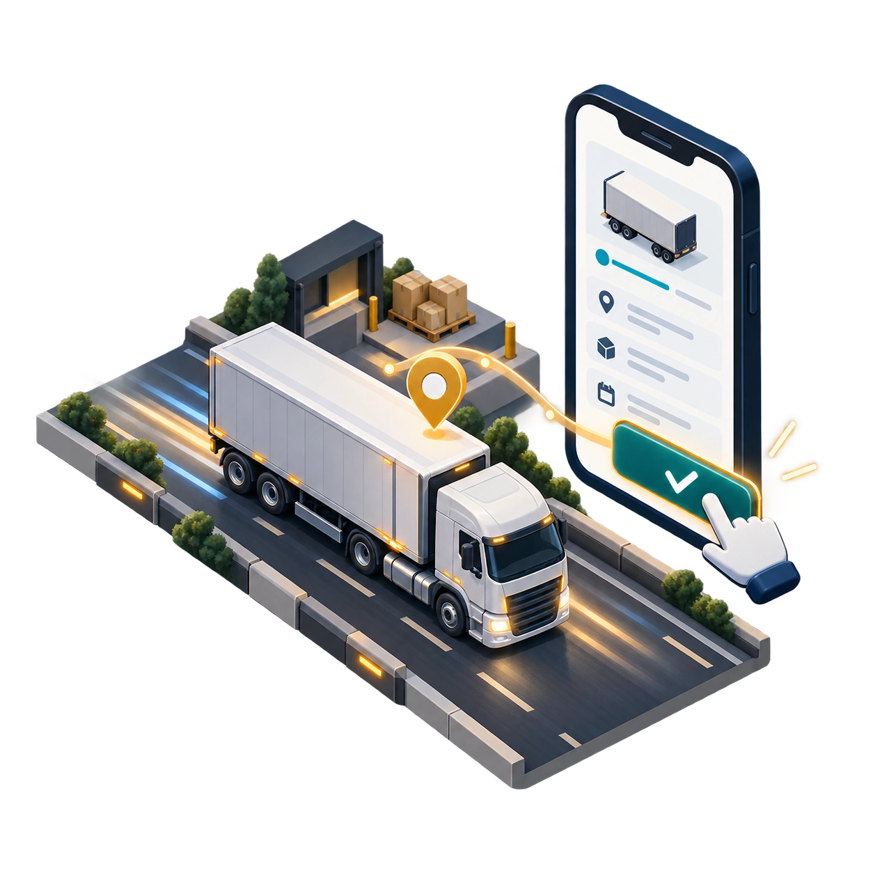 Isometric freight truck on the road beside a mobile booking confirmation