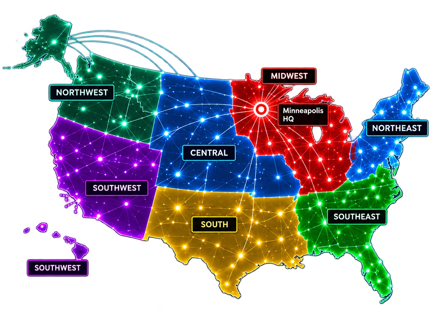 Illustrated United States supply-chain regions with a hub in Minneapolis and connections across the network.